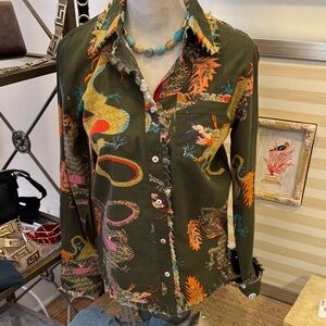 Dizzy Lizzie Tizzie shirt with frayed edges Colorful Dragon Print Button-Up